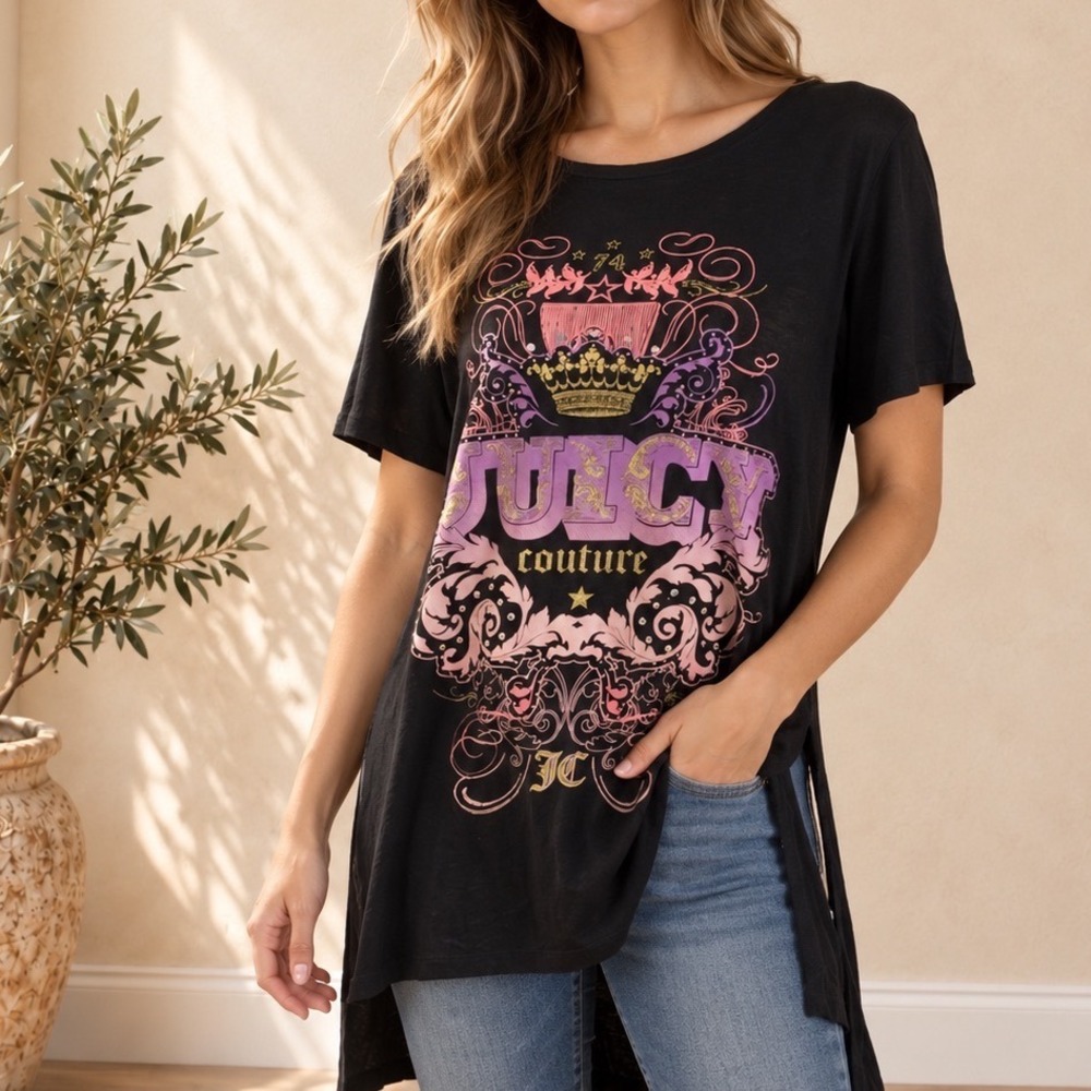 Juicy Couture Black Graphic Tunic Top Crown Rhinestone Y2K High Low Slit Large